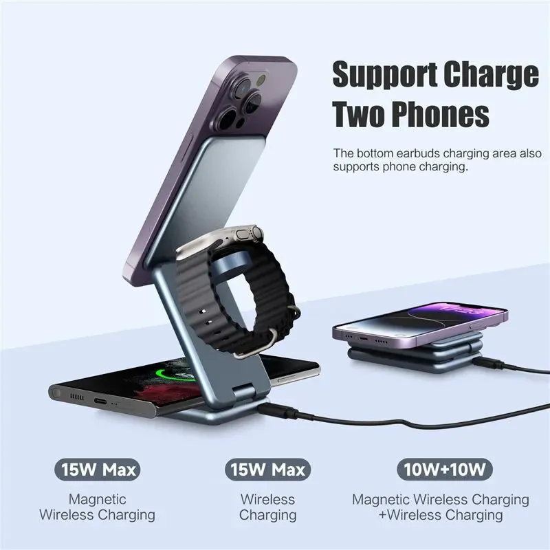 3 in 1 Magnetic Wireless Charger Stand Pad for Iphone 15 14 13 Samsung Galaxy Watch Iwatch Foldable Fast Charging Dock Station