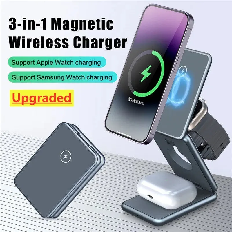 3 in 1 Magnetic Wireless Charger Stand Pad for Iphone 15 14 13 Samsung Galaxy Watch Iwatch Foldable Fast Charging Dock Station