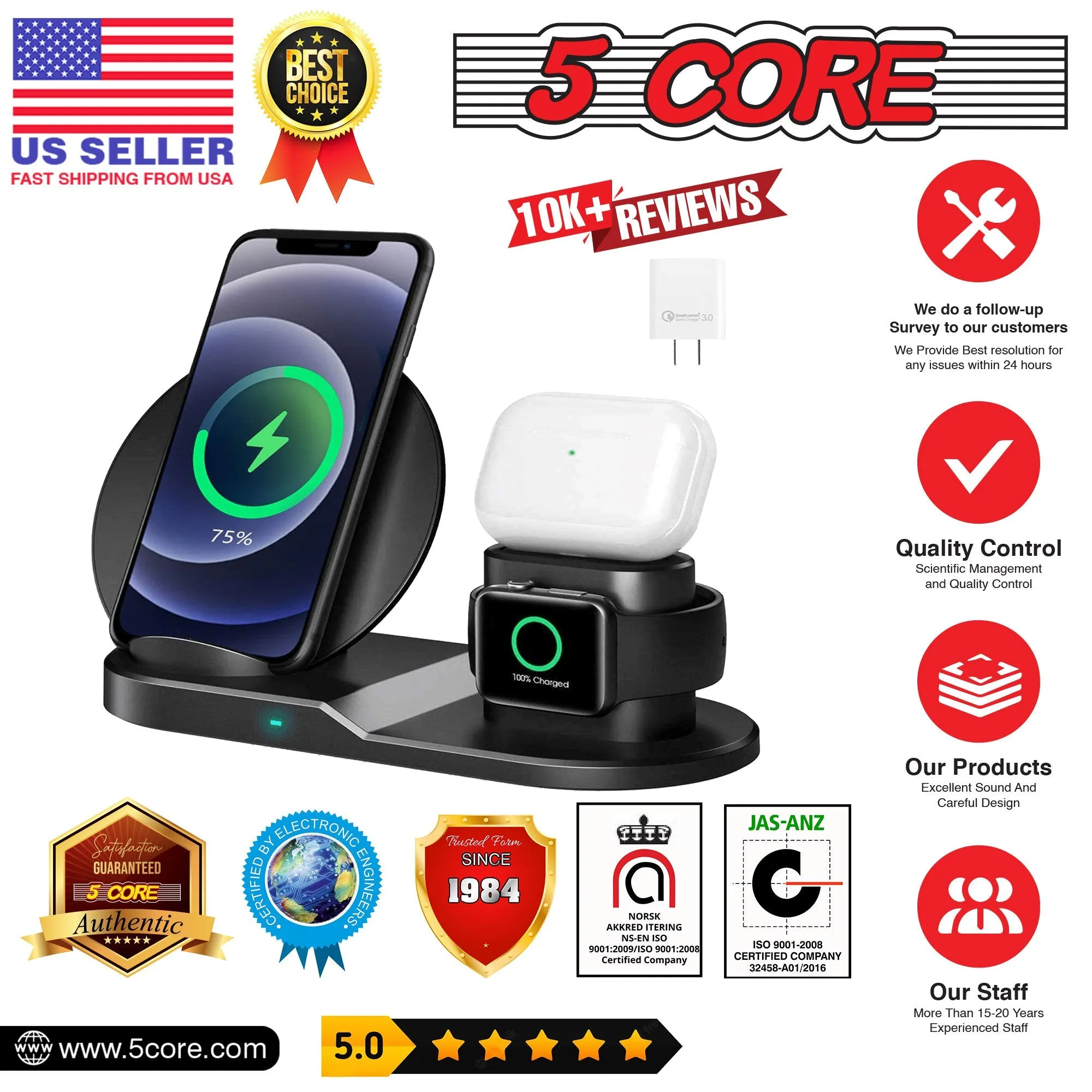 5 Core Wireless Charging Station  10W 3 in 1 Fast Phone Watch Earpod