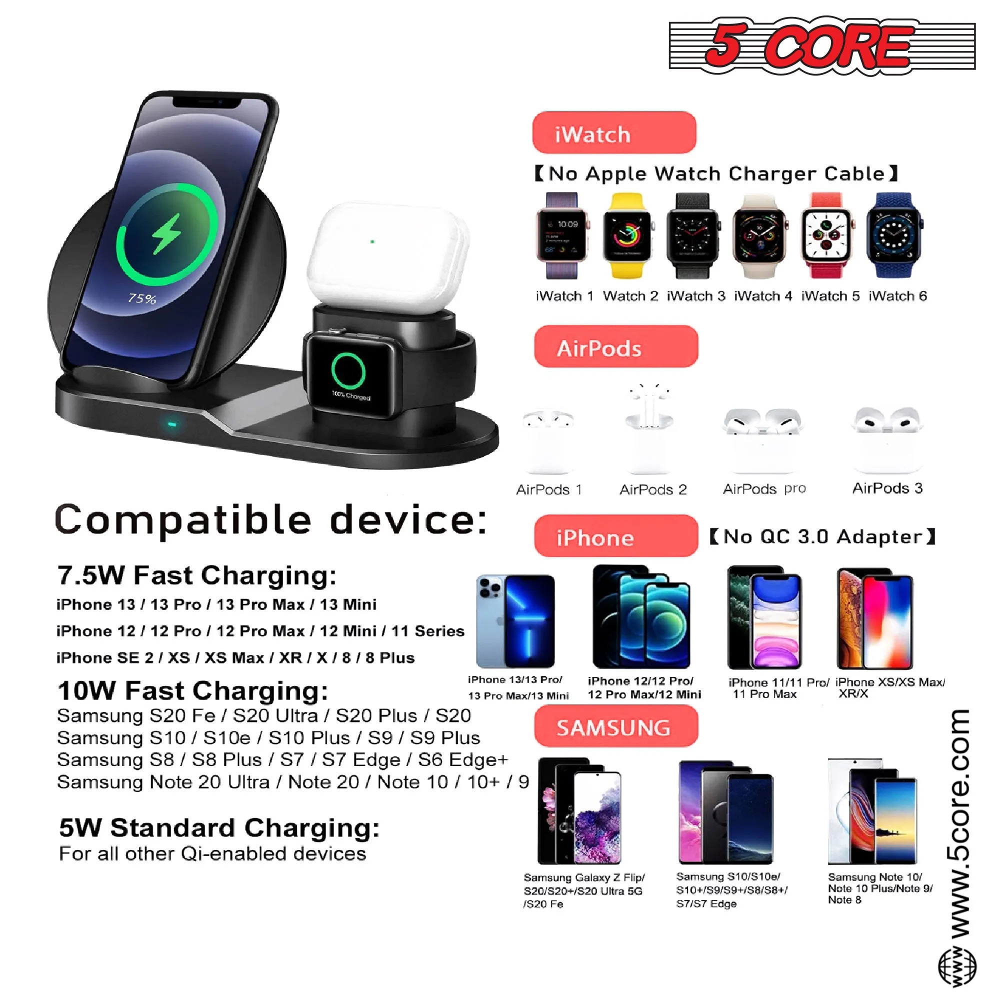 5 Core Wireless Charging Station  10W 3 in 1 Fast Phone Watch Earpod