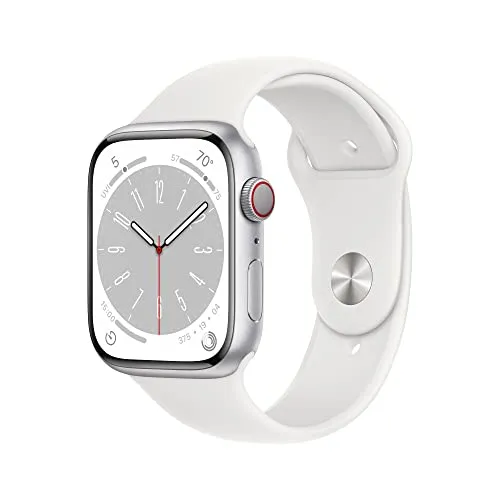 Apple Watch Series 8 [GPS   Cellular 45mm] Smart Watch w/ Silver Aluminum Case with White Sport Band - S/M.