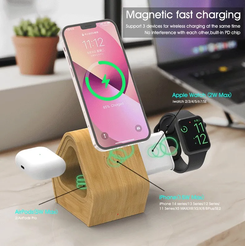 Bamboo Wireless Charging Station - iPhone, iWatch, AirPods