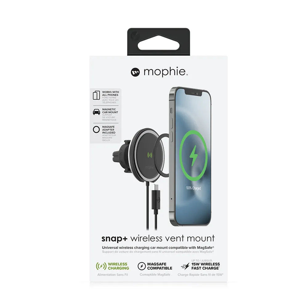 Black Mophie Snap  Wireless Vent Mount 15W MagSafe Compatible-Black