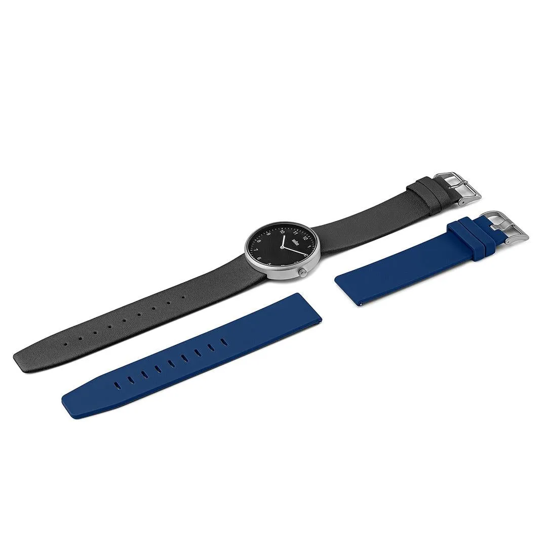 BN0281 Braun gents analogue interchangeable watch set - black dial and black leather strap & additional blue silicon strap