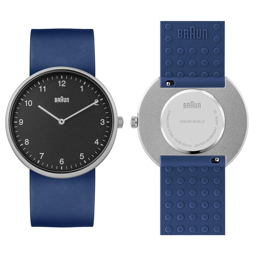 BN0281 Braun gents analogue interchangeable watch set - black dial and black leather strap & additional blue silicon strap