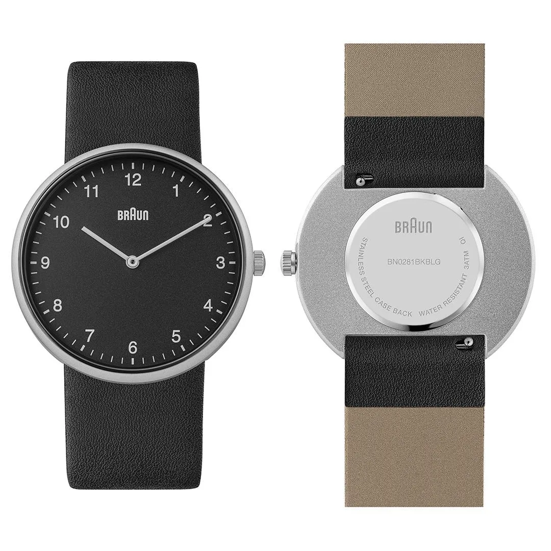 BN0281 Braun gents analogue interchangeable watch set - black dial and black leather strap & additional blue silicon strap