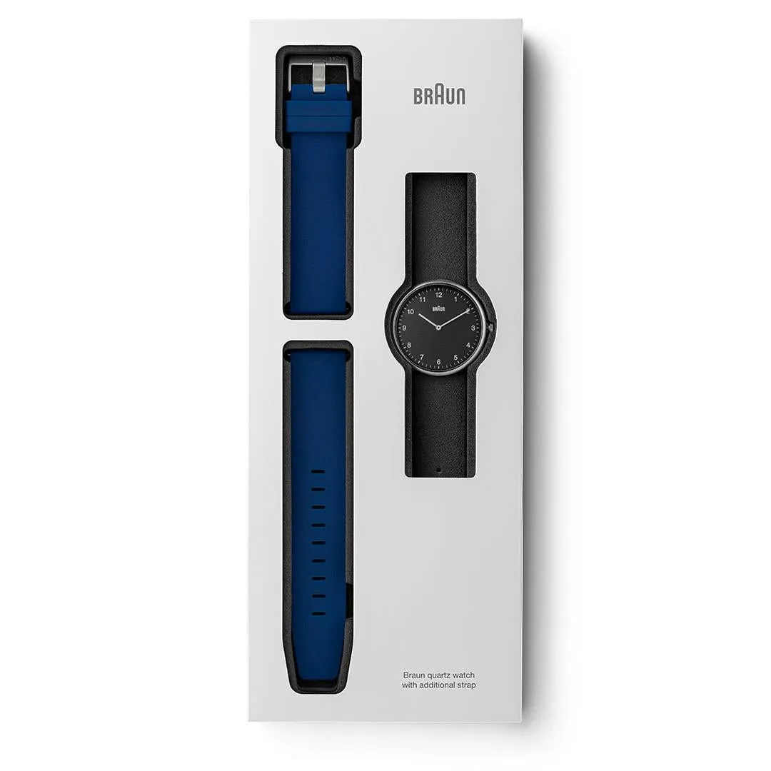 BN0281 Braun gents analogue interchangeable watch set - black dial and black leather strap & additional blue silicon strap