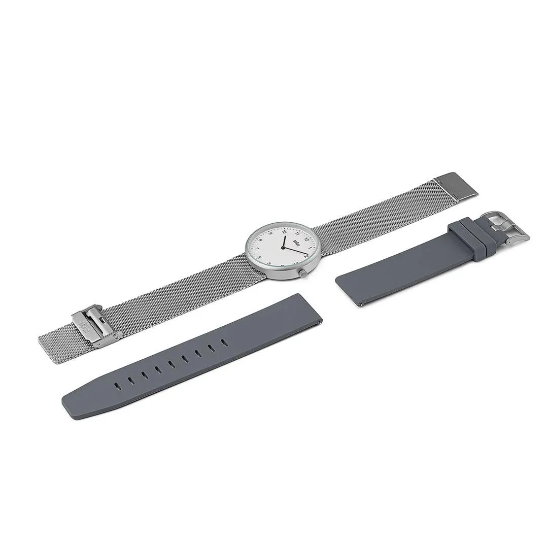 BN0281 Braun unisex analogue interchangeable watch set - white dial and stainless steel mesh bracelet & additional grey silicon strap