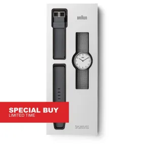 BN0281 Braun unisex analogue interchangeable watch set - white dial and stainless steel mesh bracelet & additional grey silicon strap