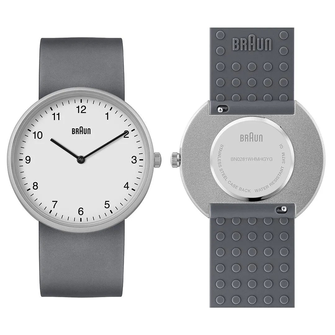 BN0281 Braun unisex analogue interchangeable watch set - white dial and stainless steel mesh bracelet & additional grey silicon strap