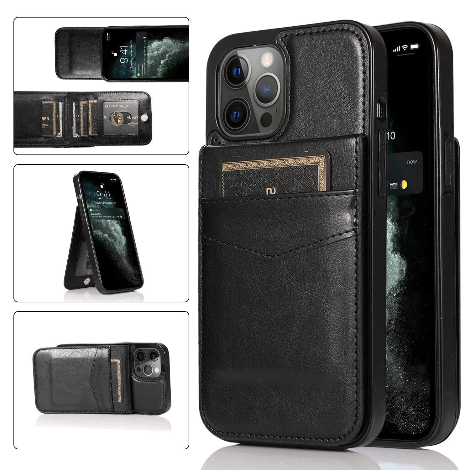 Card Slot Wallet Vertical Leather Shockproof Phone Case Black for iPhone 12promax 6.7