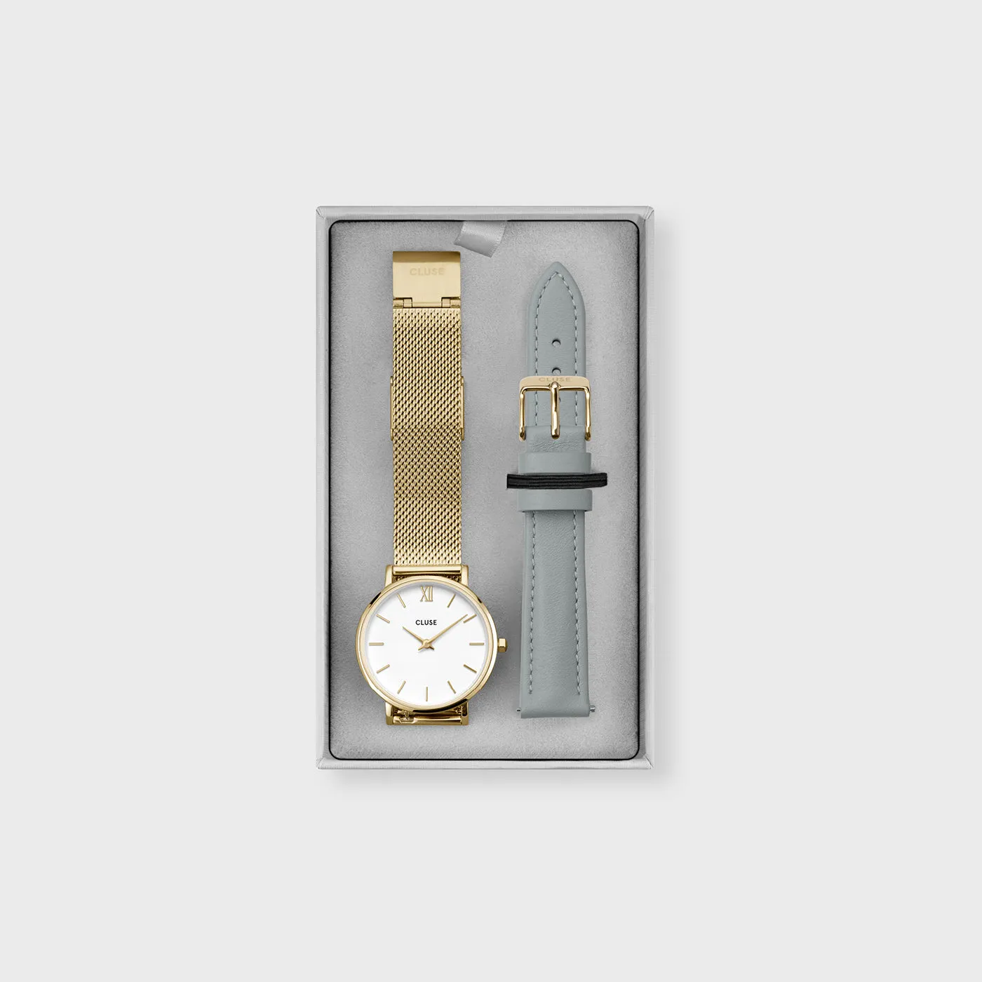 Gift Box Minuit Watch Mesh & Grey Leather Strap, Gold Colour