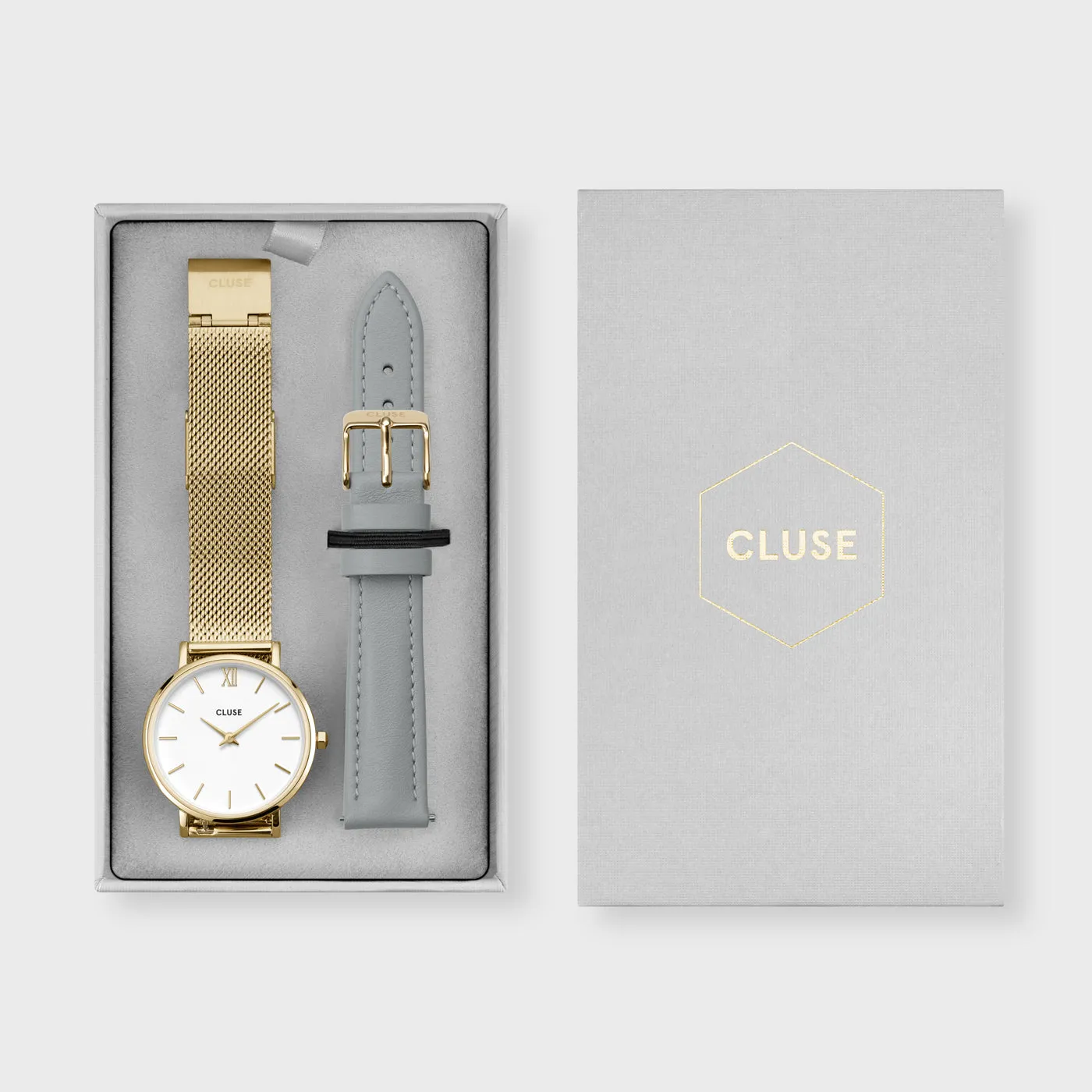 Gift Box Minuit Watch Mesh & Grey Leather Strap, Gold Colour