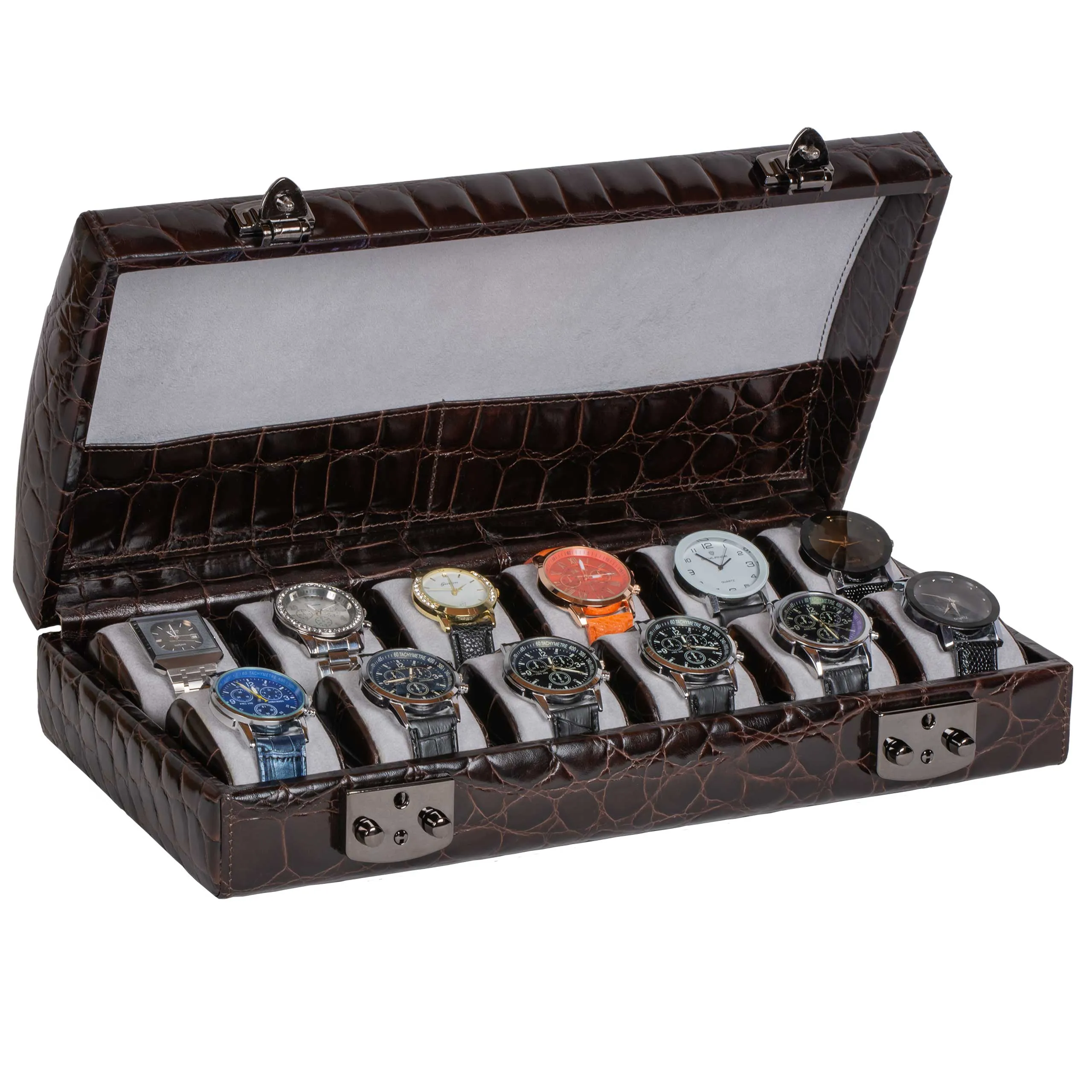 Italian Leather Watch Case Twelve Watches Dark Brown Croc Print