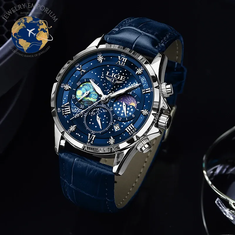 Luxury LIGE Men's Moon Phase Watch - Waterproof Blue Leather Chronograph with Date Function