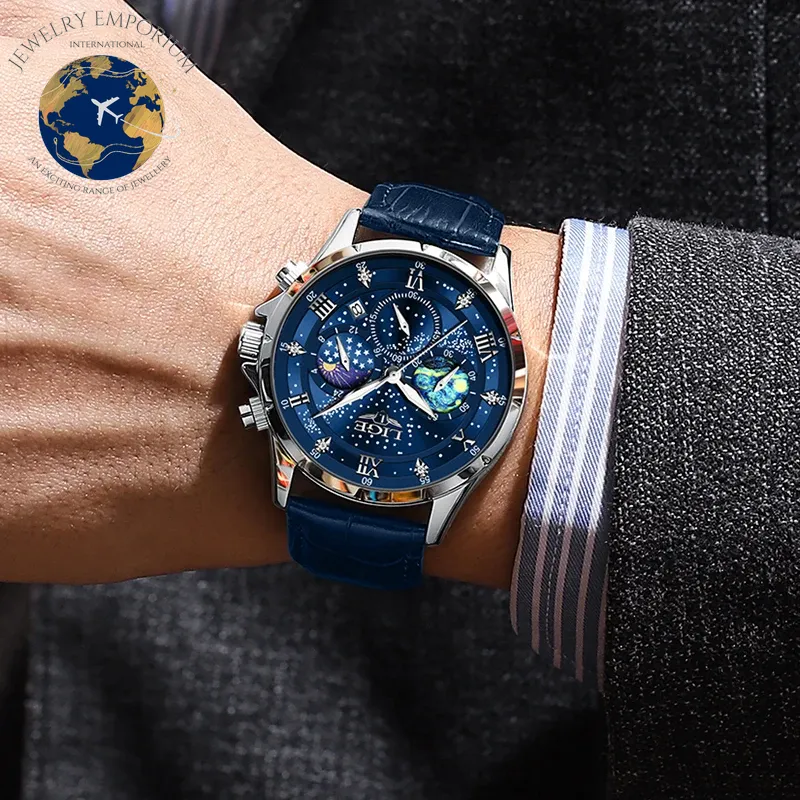 Luxury LIGE Men's Moon Phase Watch - Waterproof Blue Leather Chronograph with Date Function