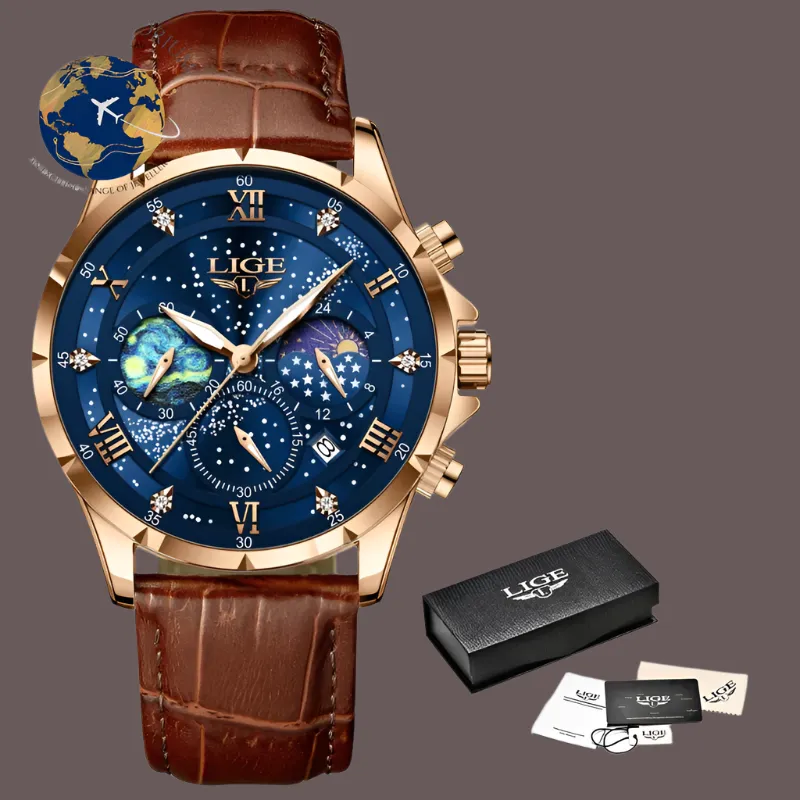 Luxury LIGE Men's Moon Phase Watch - Waterproof Blue Leather Chronograph with Date Function