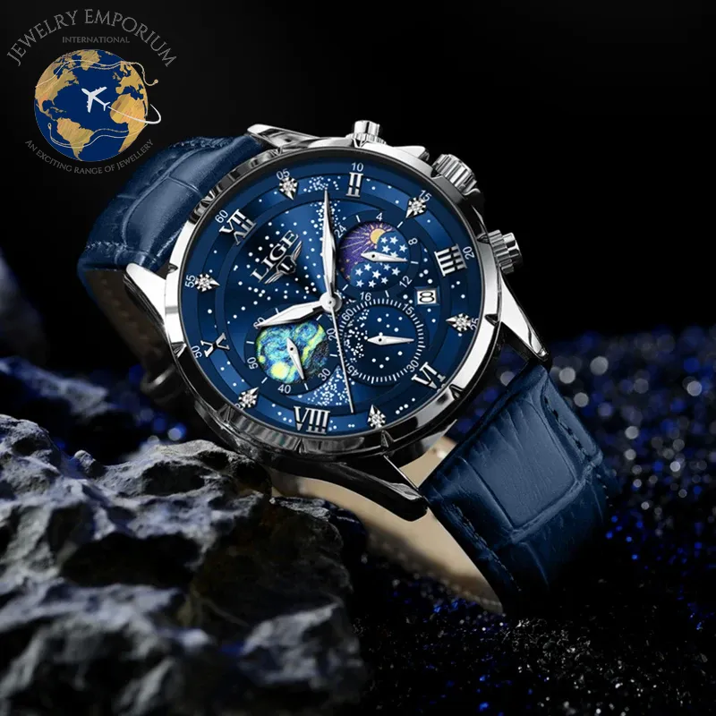 Luxury LIGE Men's Moon Phase Watch - Waterproof Blue Leather Chronograph with Date Function