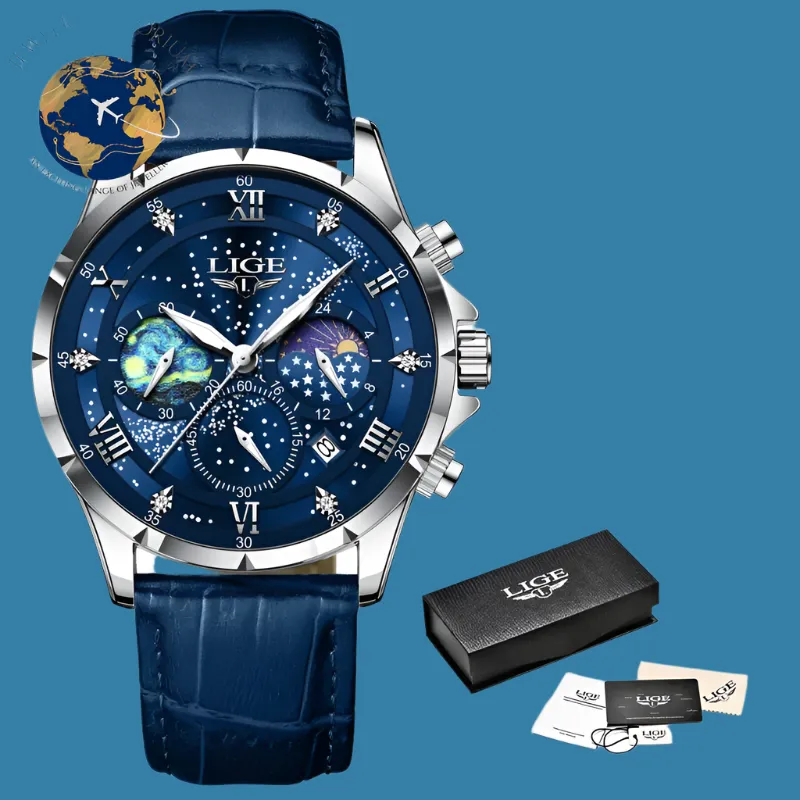 Luxury LIGE Men's Moon Phase Watch - Waterproof Blue Leather Chronograph with Date Function