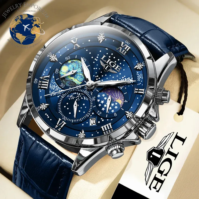 Luxury LIGE Men's Moon Phase Watch - Waterproof Blue Leather Chronograph with Date Function