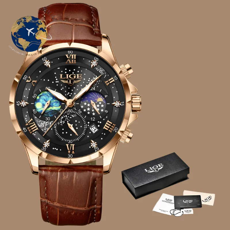 Luxury LIGE Men's Moon Phase Watch - Waterproof Blue Leather Chronograph with Date Function