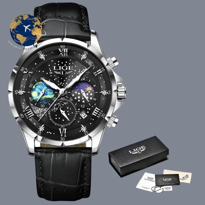 Luxury LIGE Men's Moon Phase Watch - Waterproof Blue Leather Chronograph with Date Function