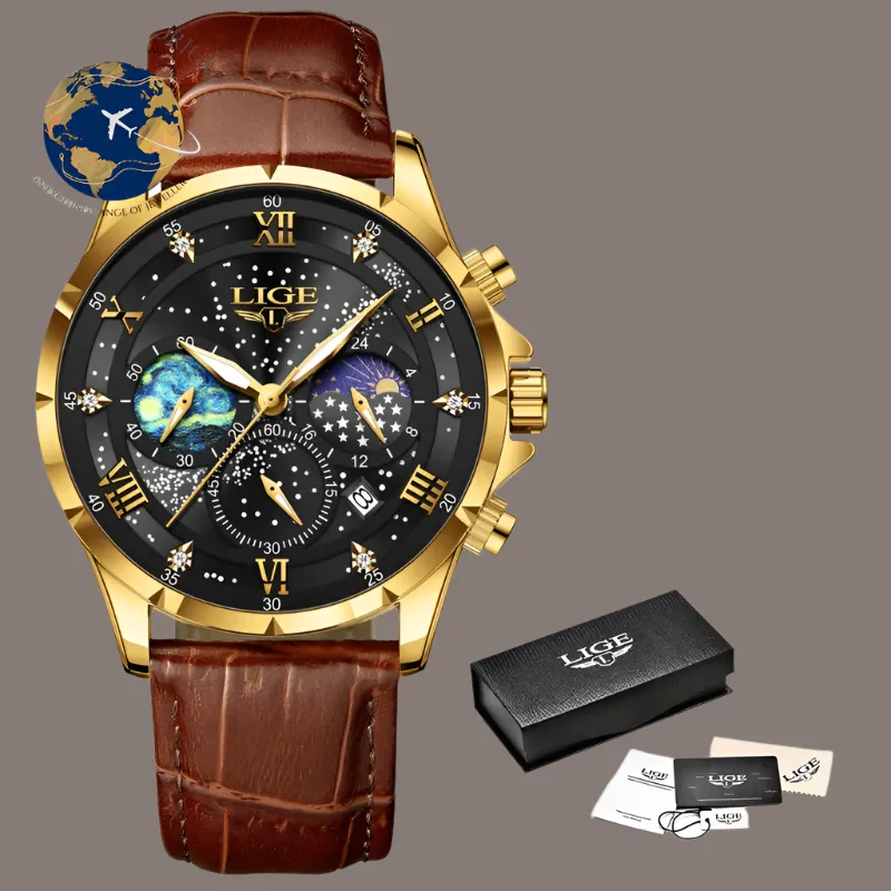 Luxury LIGE Men's Moon Phase Watch - Waterproof Blue Leather Chronograph with Date Function