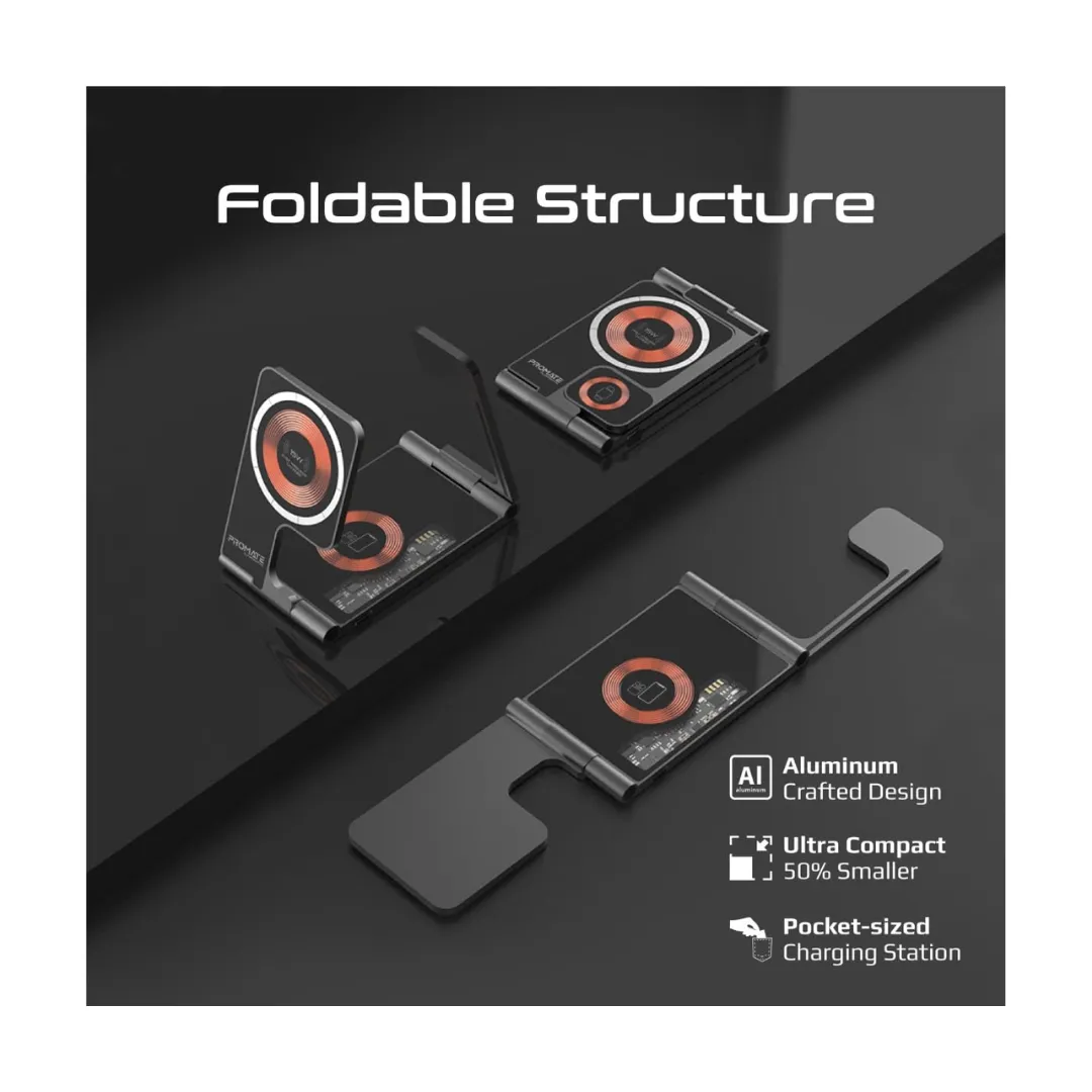 Promate Aurofold 3 in 1 Wireless Charger, 23W Foldable Magnetic Magsafe Charger for iPhone 15/15 Plus/15 Pro/15 Pro Max, iPhone 14/14 Plus/14 Pro/Max, 13/12/11, Apple Watch, Air Pods