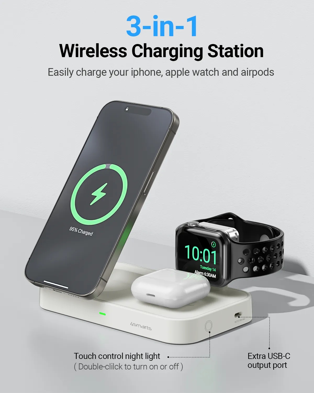 Qi2 Certified Wireless Charging Station, 3-in-1 15W Ultra Fast Magnetic Charger Stand for Multiple Devices, Magsafe Charger for iPhone 15/14/13/12, Apple Watch, Airpods (White)