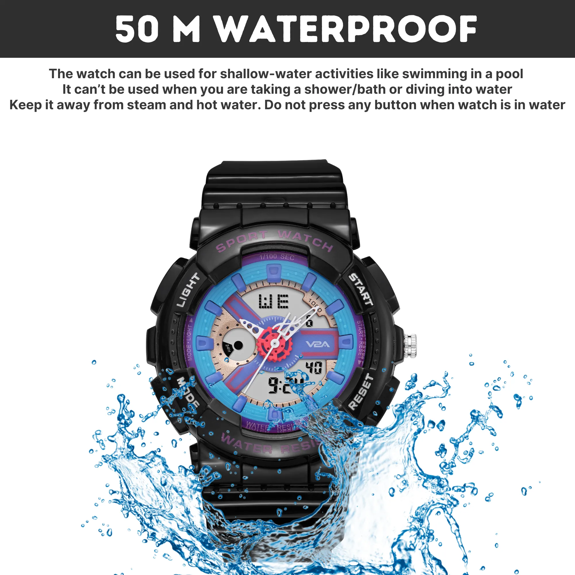 V2A Analog Digital 5ATM Waterproof Fashion Black Blue Sports Watch for Women and Girls