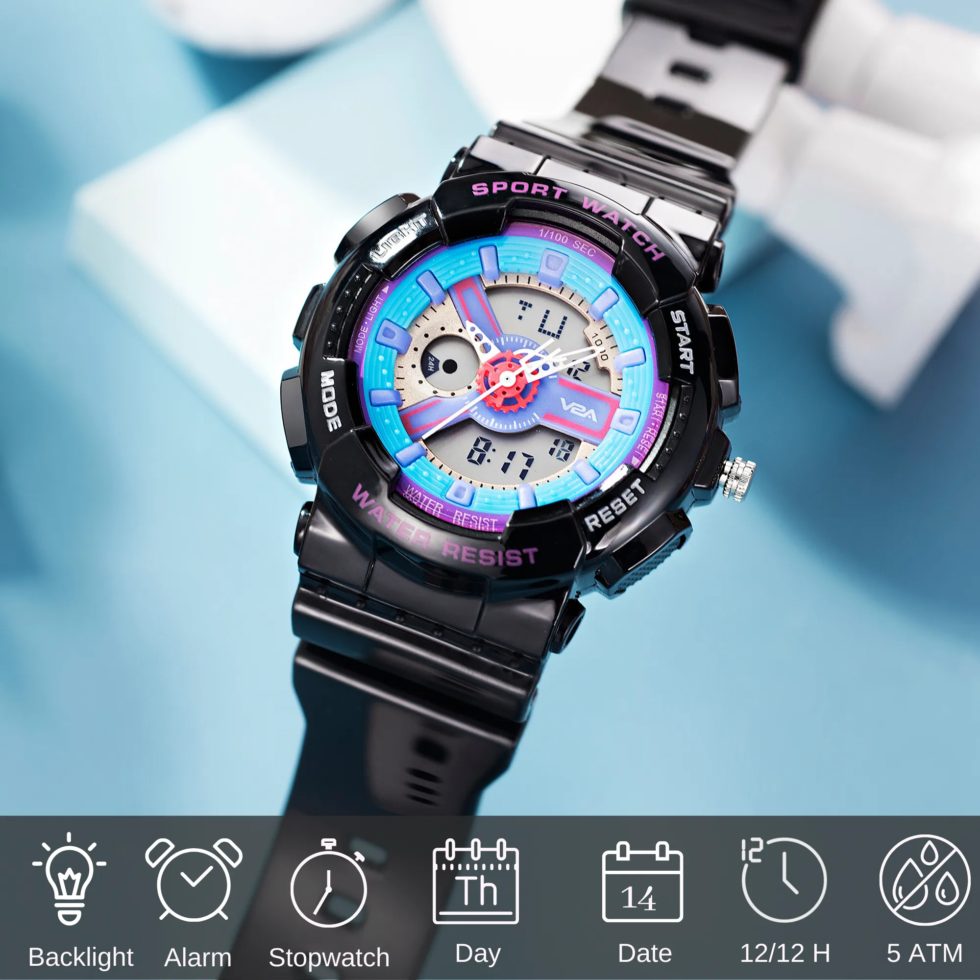 V2A Analog Digital 5ATM Waterproof Fashion Black Blue Sports Watch for Women and Girls