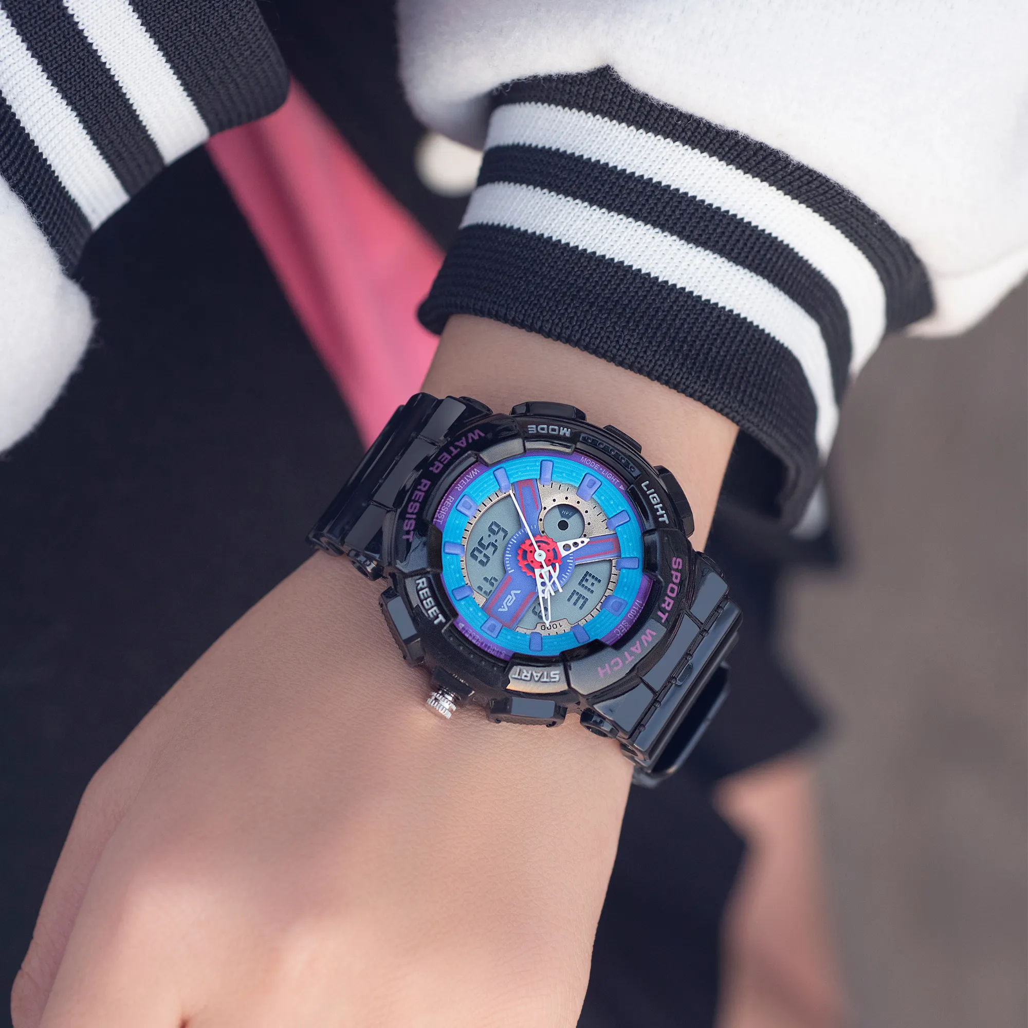 V2A Analog Digital 5ATM Waterproof Fashion Black Blue Sports Watch for Women and Girls