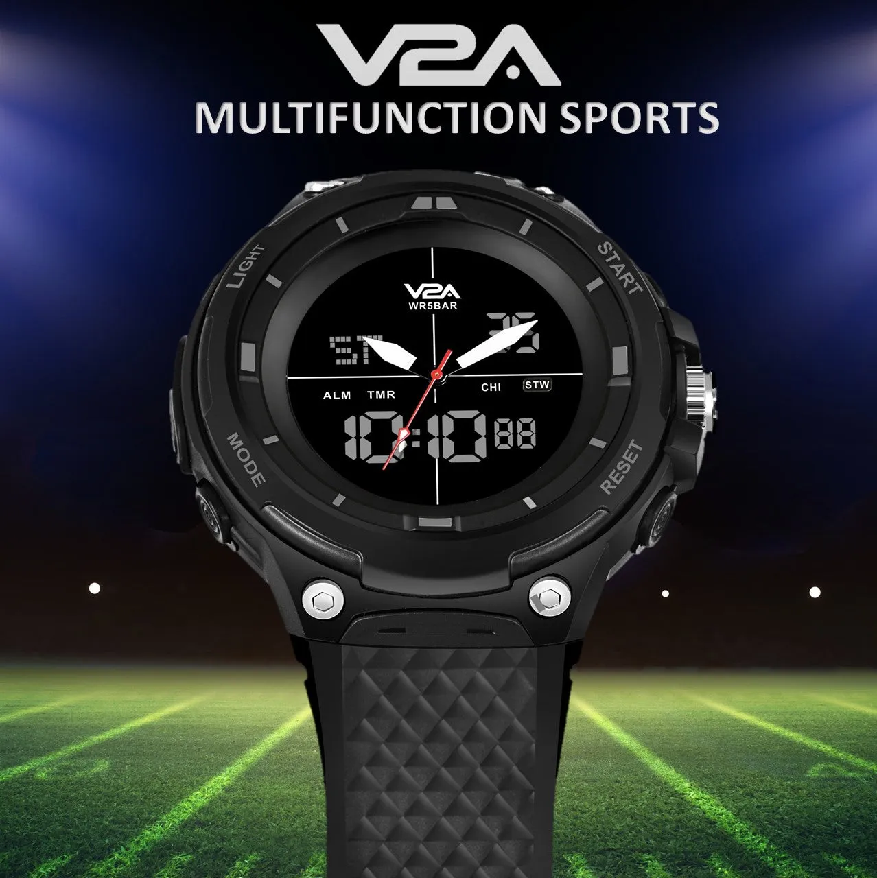 V2A Analog Digital Countdown and Auto Calendar 5ATM Waterproof Sports Watch for Men (Black Dial with Black Strap)