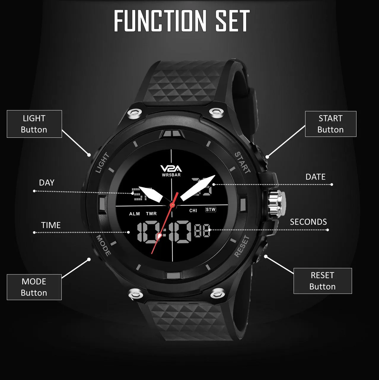 V2A Analog Digital Countdown and Auto Calendar 5ATM Waterproof Sports Watch for Men (Black Dial with Black Strap)