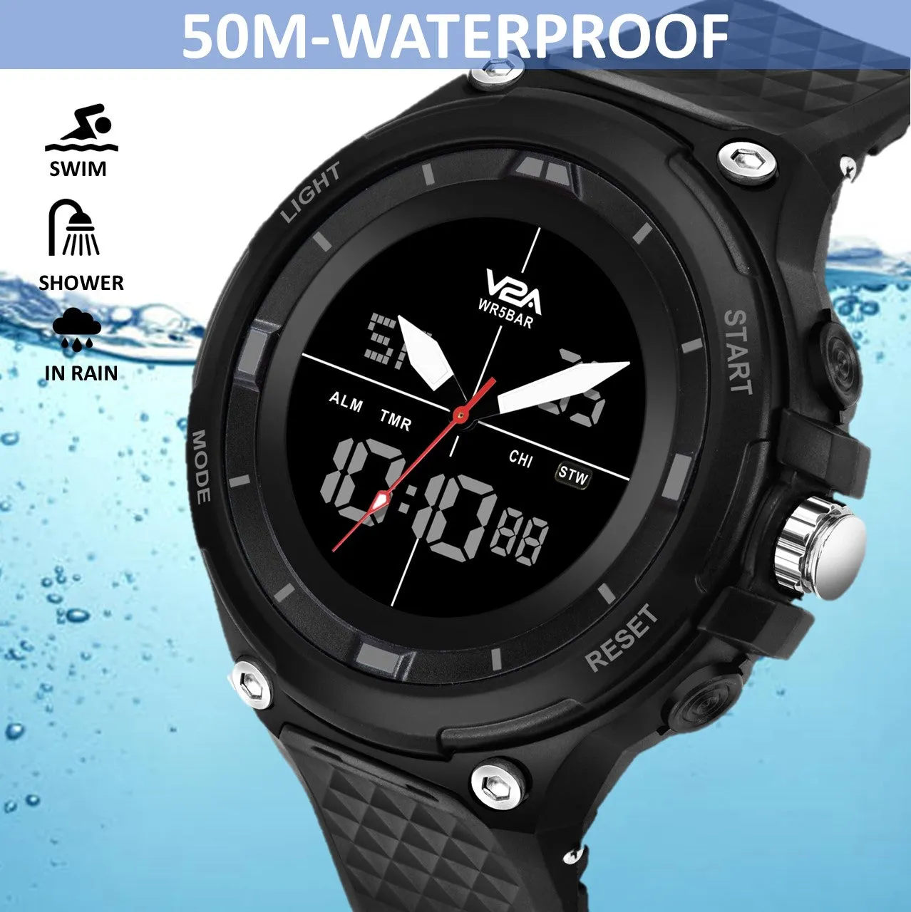 V2A Analog Digital Countdown and Auto Calendar 5ATM Waterproof Sports Watch for Men (Black Dial with Black Strap)