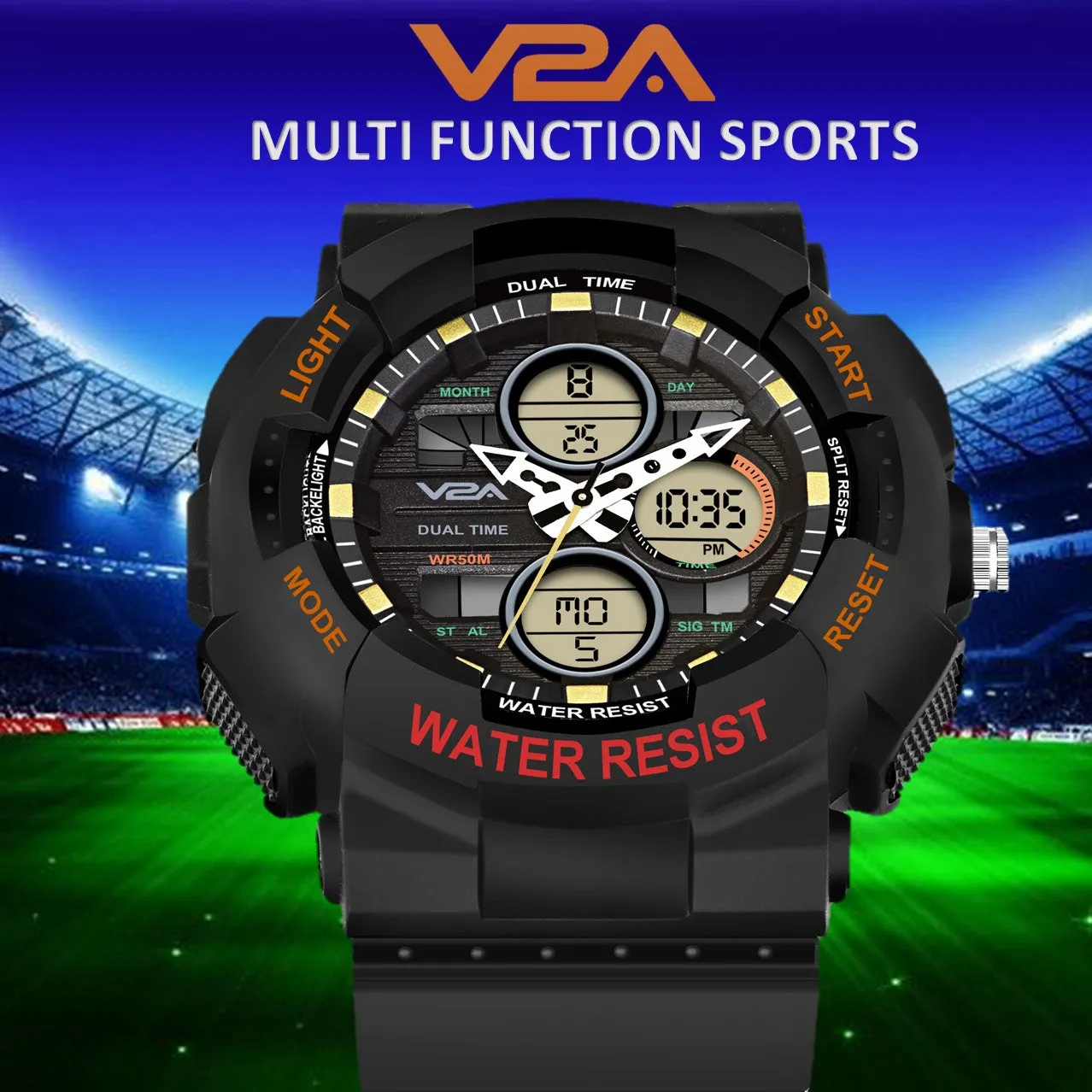 V2A Analog Digital Countdown and Auto Calendar 5ATM Waterproof Sports Watch for Men (White Dial with Black Strap)