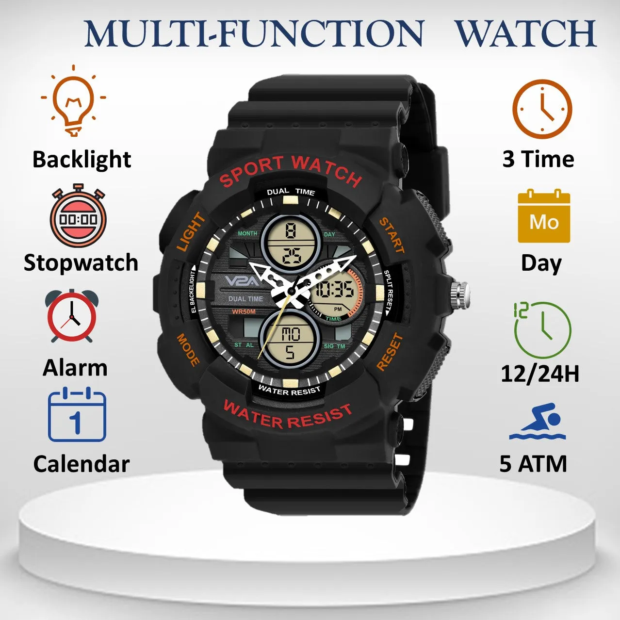 V2A Analog Digital Countdown and Auto Calendar 5ATM Waterproof Sports Watch for Men (White Dial with Black Strap)