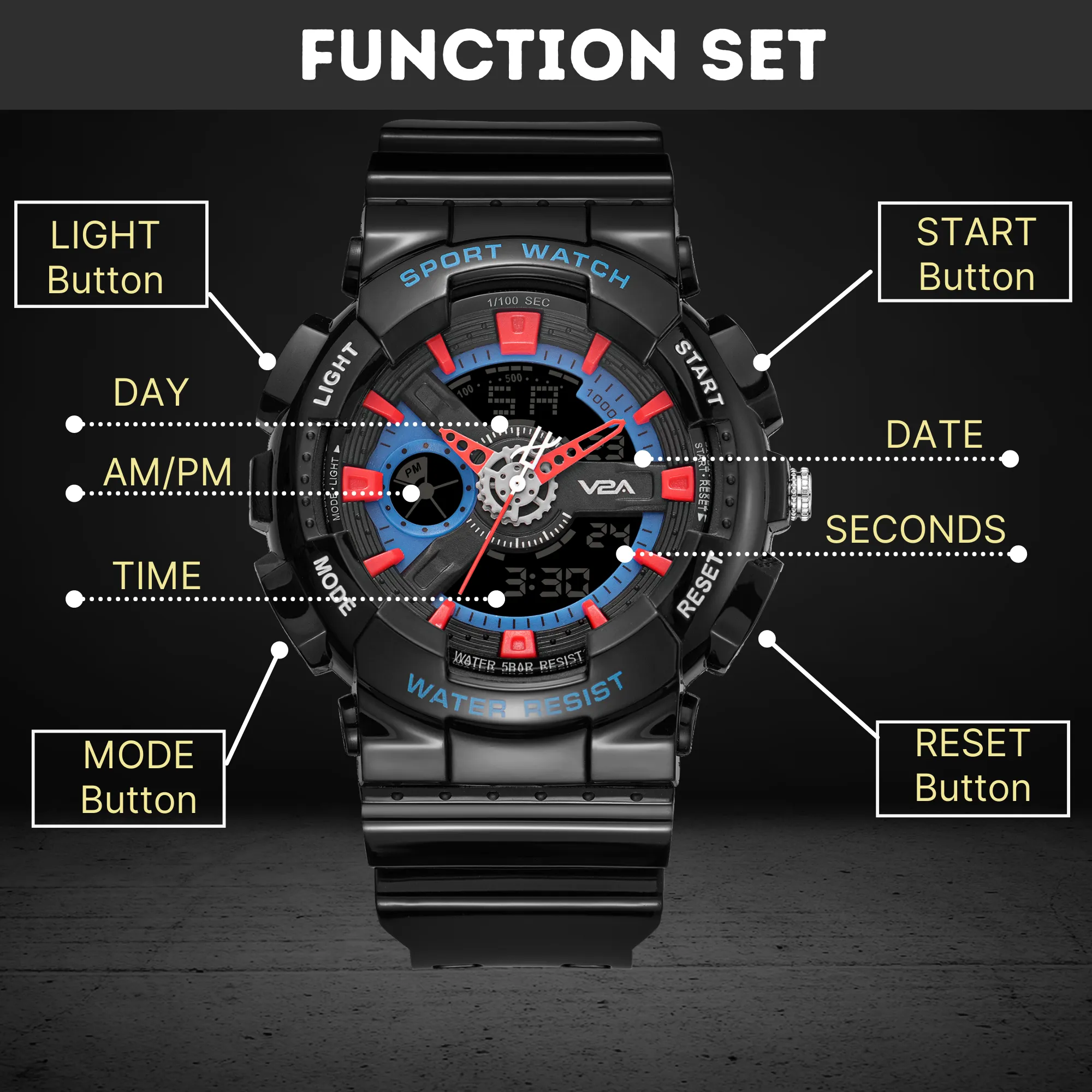 V2A Analog Digital Glossy Black 5ATM Waterproof Sports Watch for Men and Boys