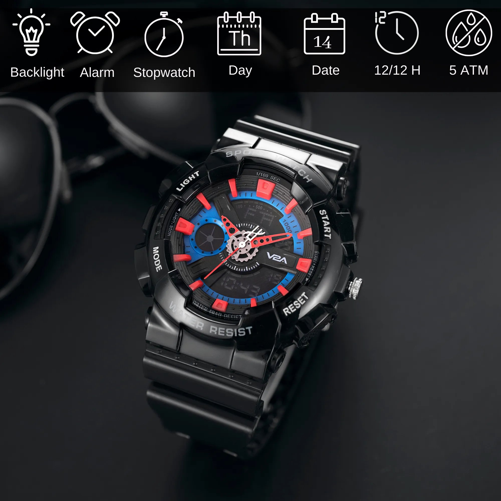 V2A Analog Digital Glossy Black 5ATM Waterproof Sports Watch for Men and Boys