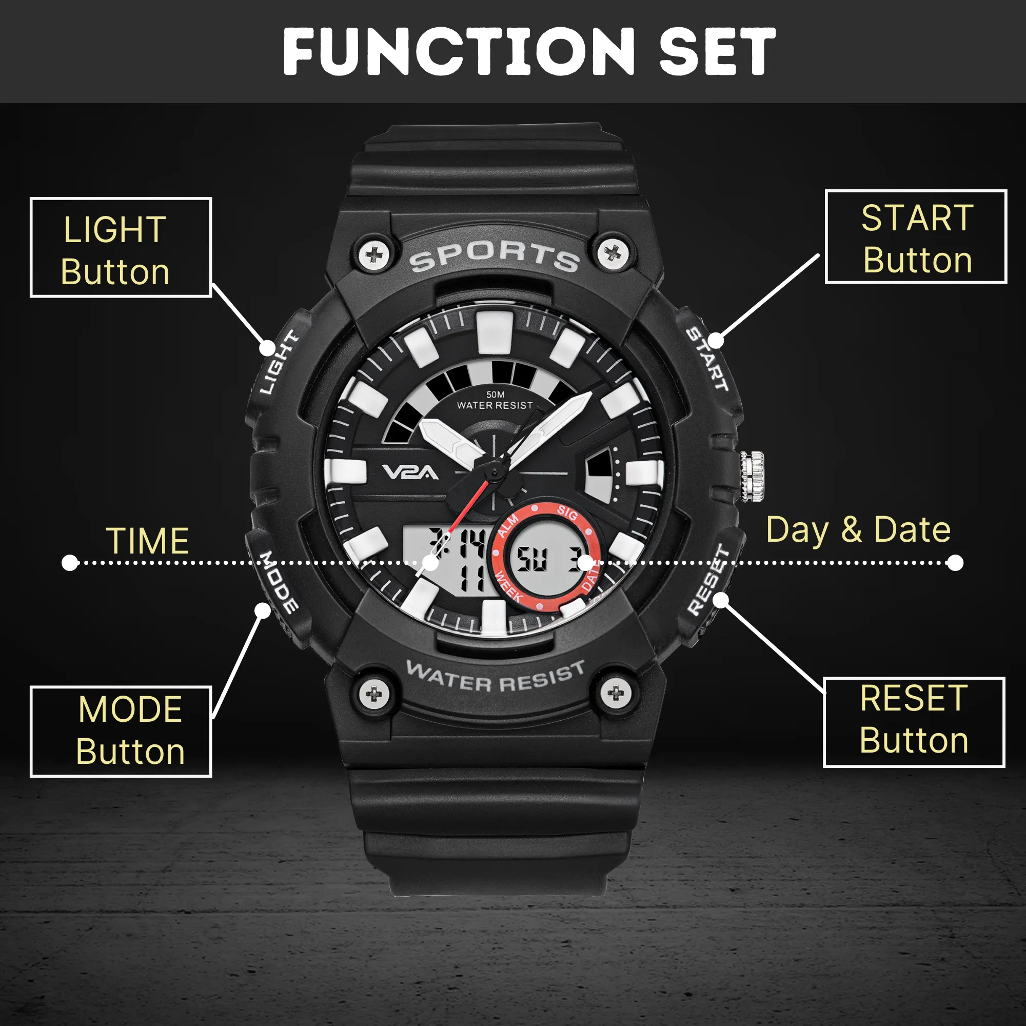 V2A Analog Digital Tough Black 5ATM Waterproof Sports Watch for Men and Boys