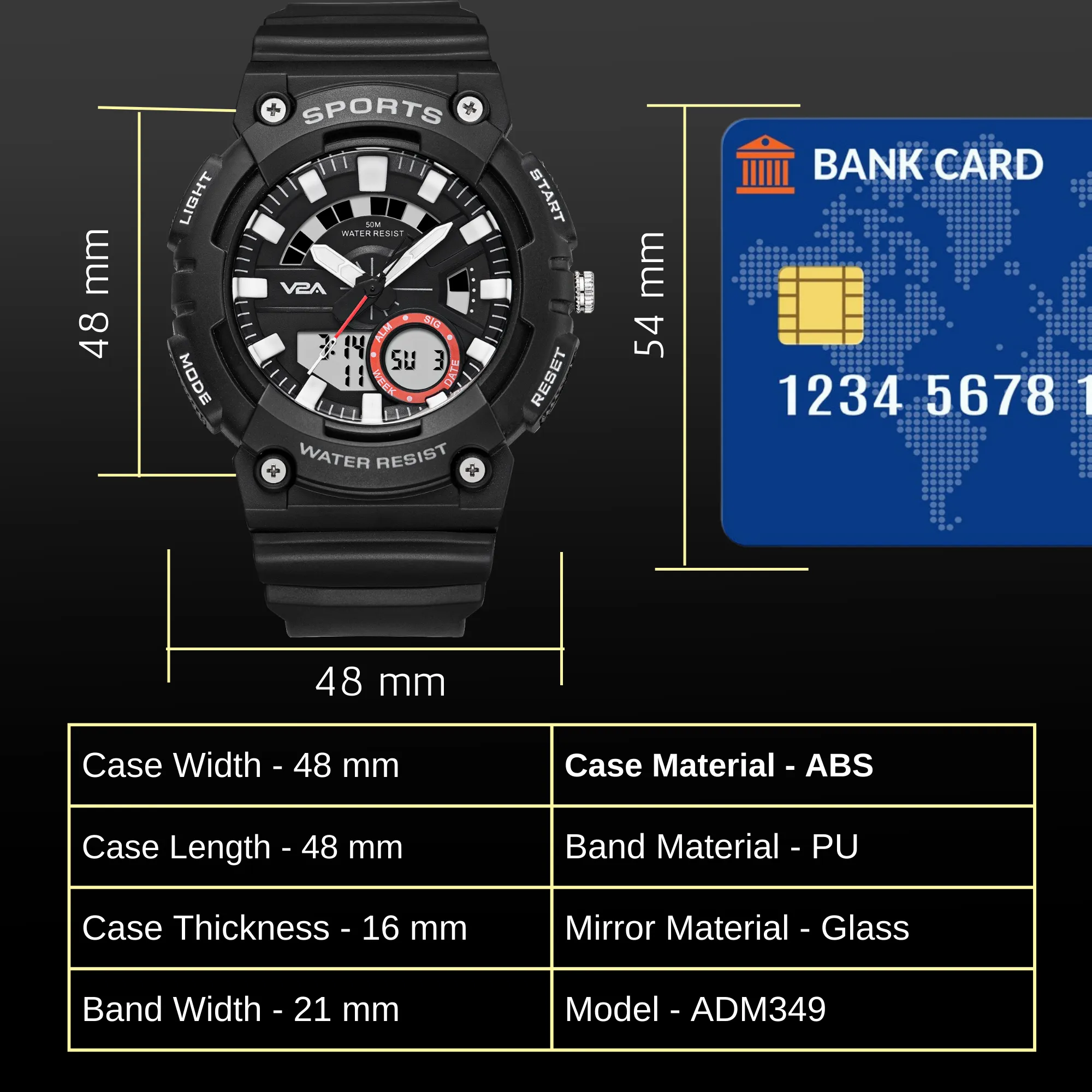 V2A Analog Digital Tough Black 5ATM Waterproof Sports Watch for Men and Boys