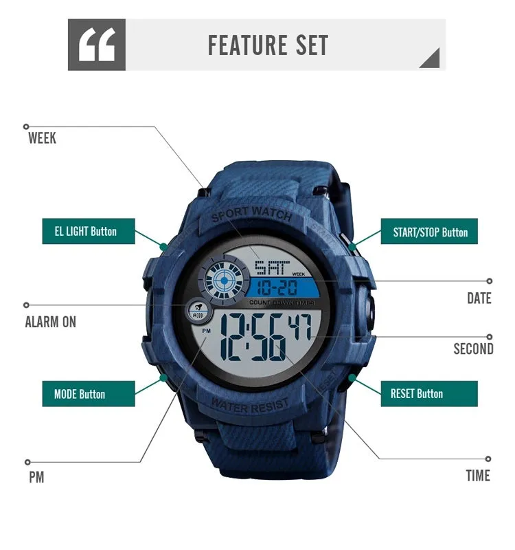 V2A Denim Blue Digital 5ATM Waterproof Sports Watch with Backlight Alarm Stopwatch for Men and Boys (White Dial and Blue Colored Strap)