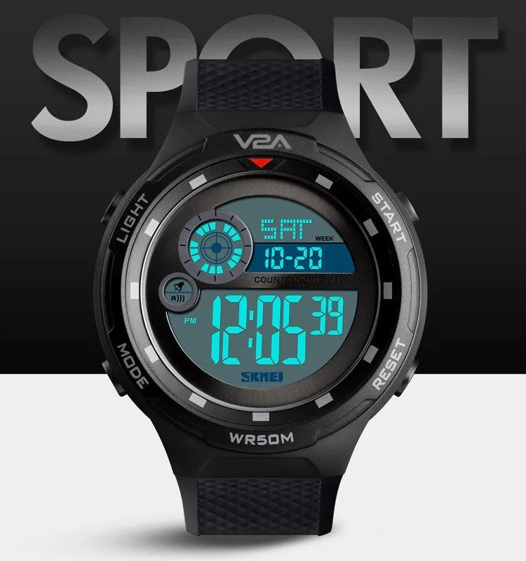 V2A Digital 5ATM Waterproof Sports Watch with Backlight Alarm Stopwatch for Men and Boys (White Dial and Black Colored Strap)