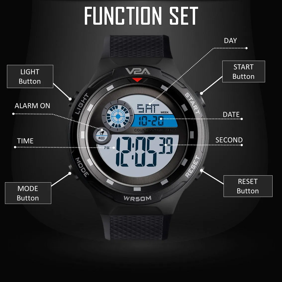 V2A Digital 5ATM Waterproof Sports Watch with Backlight Alarm Stopwatch for Men and Boys (White Dial and Black Colored Strap)