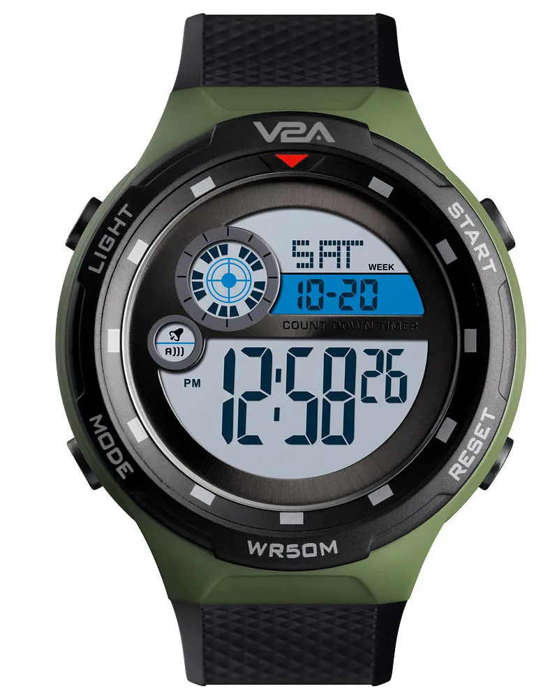 V2A Digital 5ATM Waterproof Sports Watch with Backlight Alarm Stopwatch for Men and Boys (White Dial and Black Colored Strap)