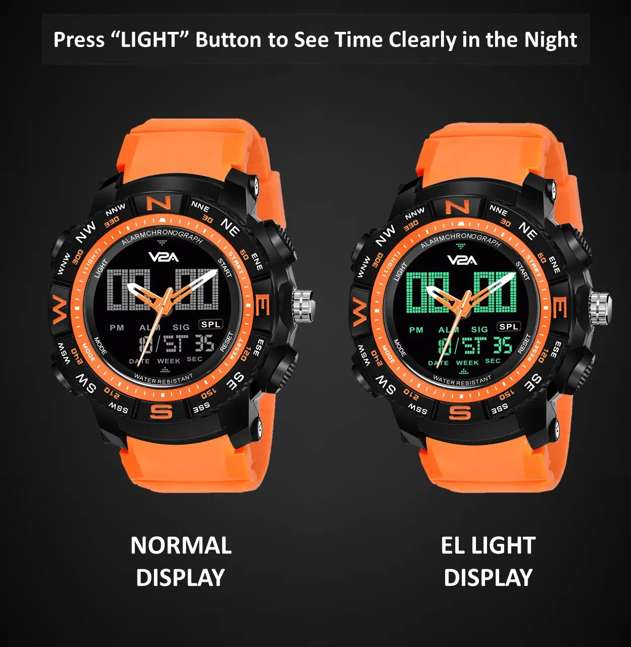 V2A Military Analog Digital 5ATM Waterproof Sports Watch with Backlight Alarm Snooze Stopwatch for Men (Black Dial with Orange Strap)