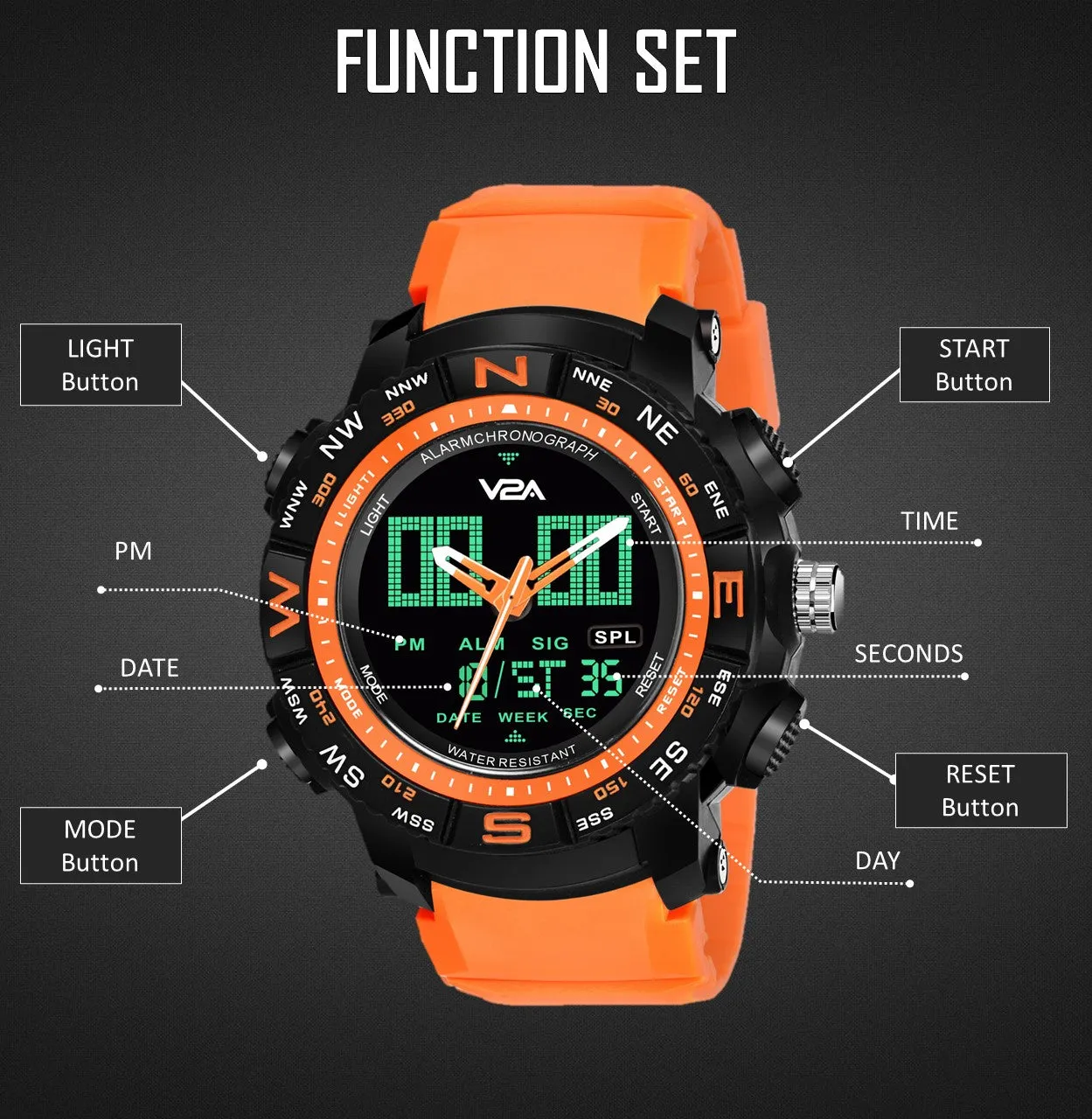 V2A Military Analog Digital 5ATM Waterproof Sports Watch with Backlight Alarm Snooze Stopwatch for Men (Black Dial with Orange Strap)