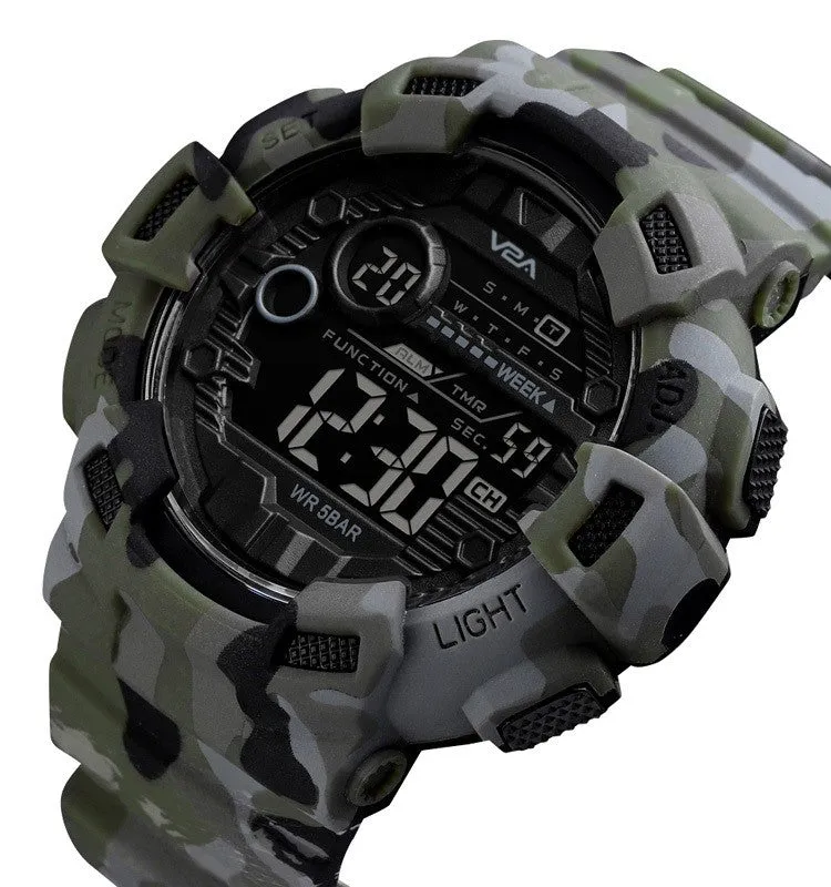 V2A Military Camouflage Digital Sports Watch with Backlight Alarm Stopwatch for Men and Boys (Black Dial and Multi Colored Strap)