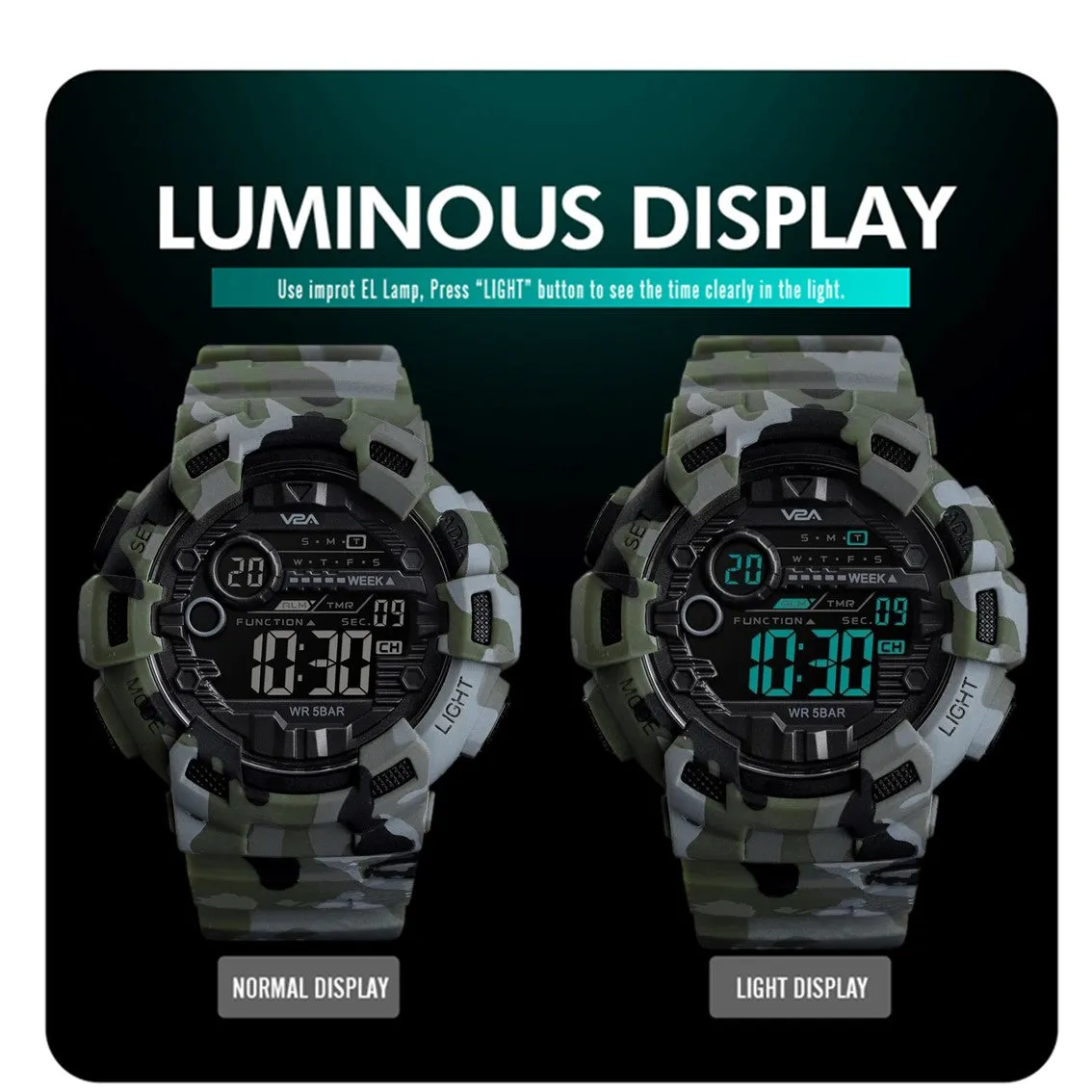 V2A Military Camouflage Digital Sports Watch with Backlight Alarm Stopwatch for Men and Boys (Black Dial and Multi Colored Strap)