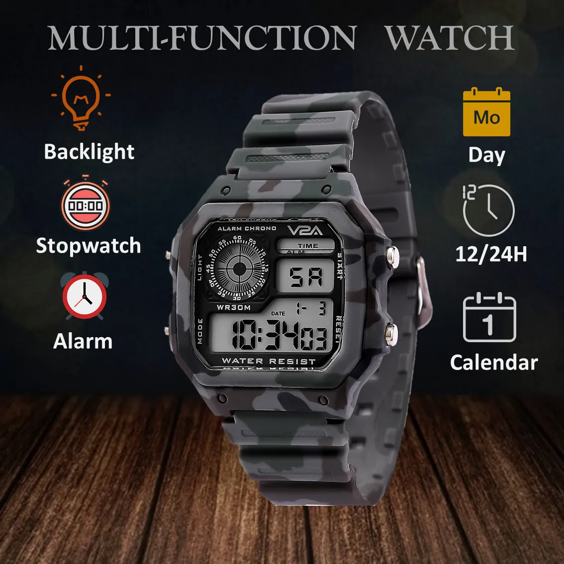 V2A Military Camouflage Small Dial Digital Sports Watch for Men and Boys